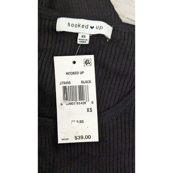 Hooked Up By IOT Juniors Size XS Lace Up Wrist Rib Knit Sweater Black Stretch - Picture 7 of 9